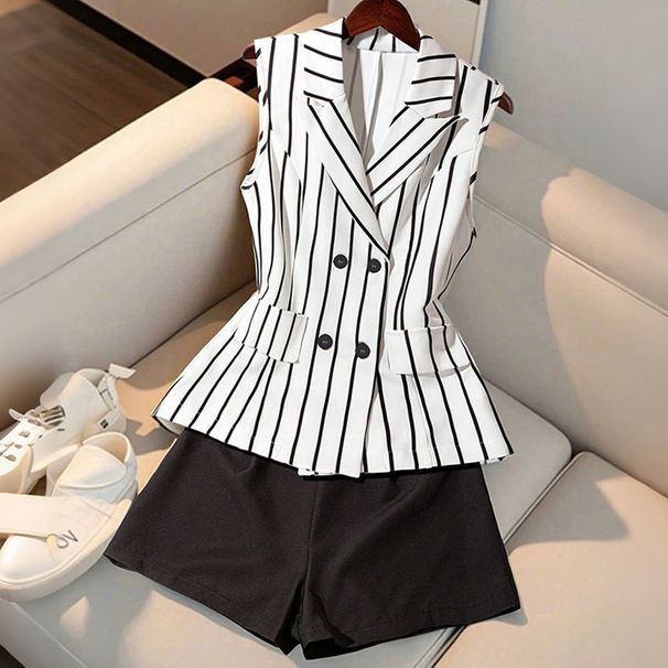 Salt Style Women's Striped Collar Sleeveless Suit Vest And Trousers Set For Casual Commuting_ecoleips.com