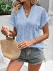 Verve 2025 Summer New Casual Hollow Out Jacquard V-Neck Loose Short Sleeve Shirt For Women_ecoleips.com