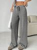 Women's Casual Elastic Waist Straight Leg Pants - Soft Cotton Blend With Stripes & Solid New Casual Striped Elastic Drawstring Cotton Straight Pants_ecoleips.com