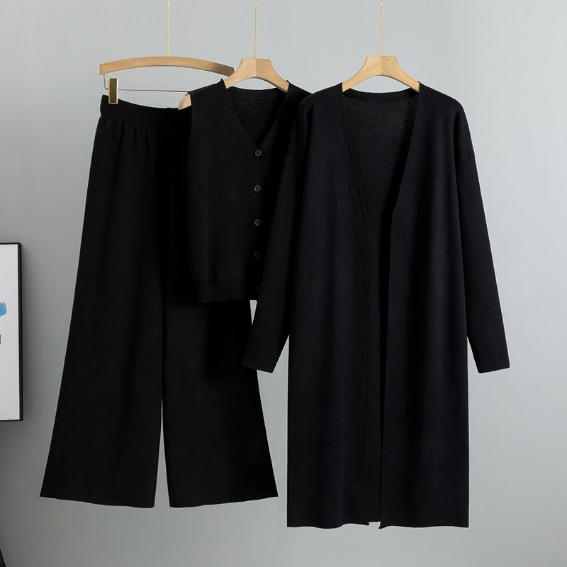 Women's Clothing Spring And Autumn Temperament Knitted Suit Sleeveless Vest Sweater Cardigan Pants Three Piece Suit_ecoleips.com