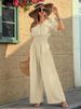 K Women's Jumpsuit Buttoned Short Sleeved V-neck Neck Pleated Jumpsuit Casual Wide Leg Pants_ecoleips.com