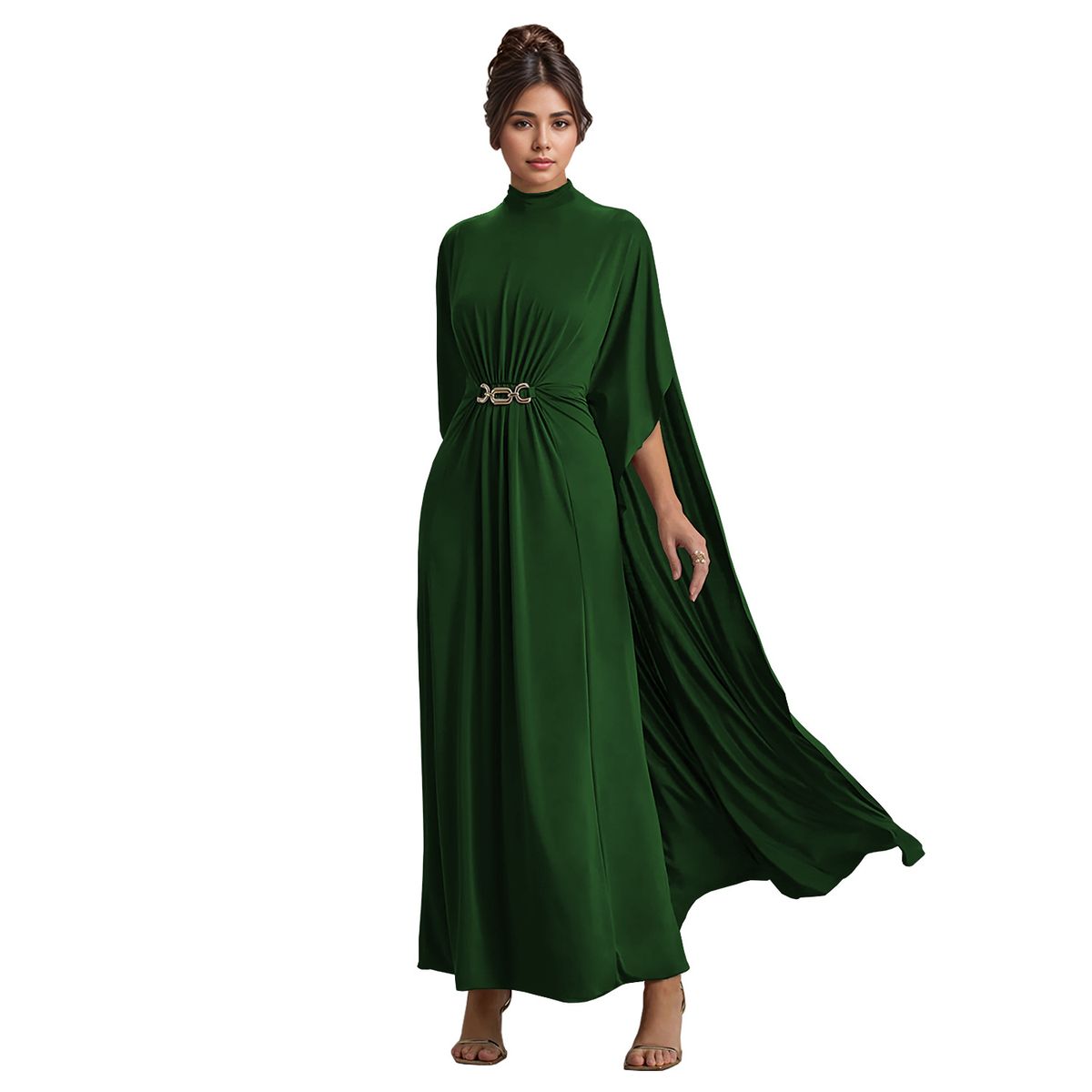 Fashion Women's Slim Waist Button Round Neck Shawl Dress New_ecoleips.com