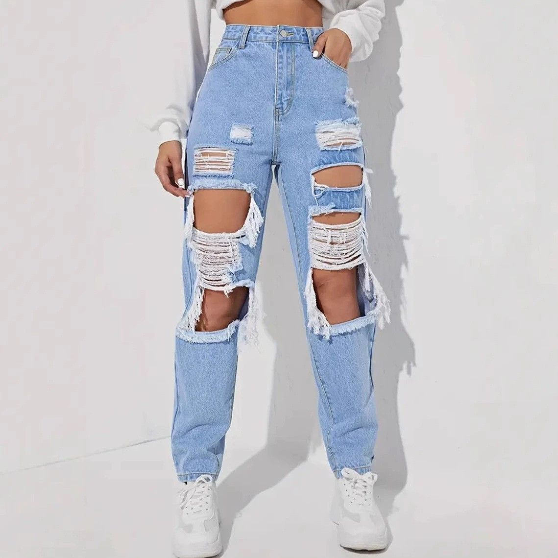 Women's Clothing Trendy Distressed Ripped Jeans For Women Washed Straight Leg Ladies Trousers_ecoleips.com