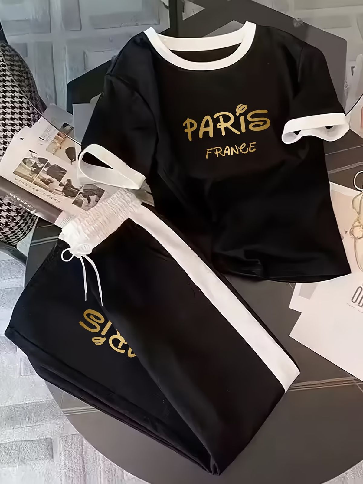 Women's Luxury Art Print Two Piece Set Gold Creative Letter Patchwork Wide Leg Pants Short Sleeve Top Spring/Summer_ecoleips.com