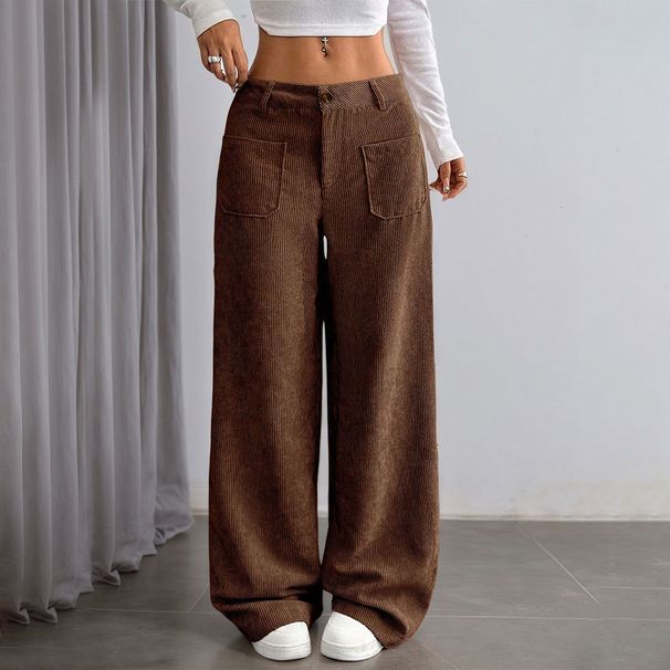 Voya Women's European American Corduroy Spring-summer Dark Brown Vertical Striped High-wide-leg Pants,loose And Skinny-fitting Casual Pants For Women
_ecoleips.com