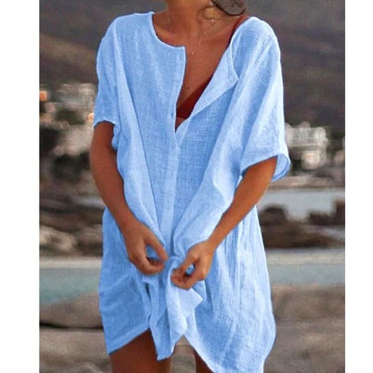 Women's Multi-Color Loose Short-Sleeved Shirts Mid-Length Solid Color Tops for European And American Fashion Foreign Trade_ecoleips.com