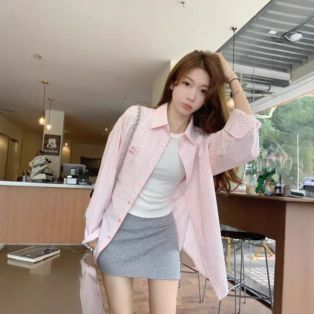 Embroidered Pink Striped Shirt Women's Korean POLO Collar New Thin Loose Sunscreen Shirt Long-sleeved Casual Shirt_ecoleips.com