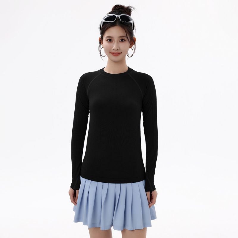 Women's Tencel Merino Wool Base Layer Long Sleeve Round Neck Warm Thumb Buckle Yoga Suit Inner Thin Top_ecoleips.com