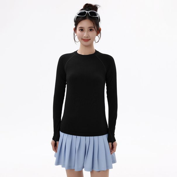 Women's Tencel Merino Wool Base Layer Long Sleeve Round Neck Warm Thumb Buckle Yoga Suit Inner Thin Top_ecoleips.com