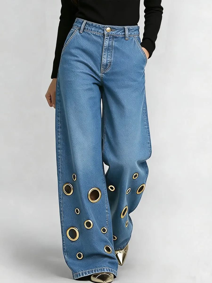 High-Waisted Loose-Fitting Cutout Jeans Metallic Eyelets Hollowed out Detail Wholesale Denim Trousers_ecoleips.com