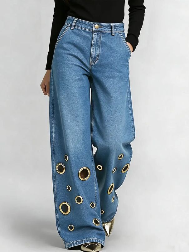 High-Waisted Loose-Fitting Cutout Jeans Metallic Eyelets Hollowed out Detail Wholesale Denim Trousers_ecoleips.com