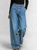 High-Waisted Loose-Fitting Cutout Jeans Metallic Eyelets Hollowed out Detail Wholesale Denim Trousers_ecoleips.com