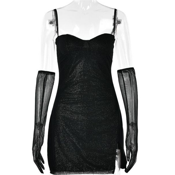 Women Shiny Silver‑Tone Mesh Mini Dress With Spaghetti Straps, Long Sleeves & Backless Cut_ecoleips.com