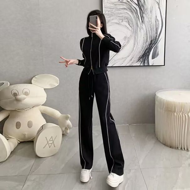 Autumn Winter Sports Suit American Style Trend Slim Fit Short Zipper Sweatshirt Jacket Women's Wide Leg Pants Two-Piece_ecoleips.com