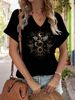 Women's V-Neck "Celestial Dragon & Moon" Graphic Tee, Mystical Floral Print T-Shirt, Casual Short Sleeve Boho Top_ecoleips.com
