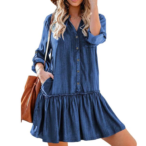 Women's Clothing Denim Shirt Dress Long Sleeve V-Neck A-Line Midi Dress With Pleated Detail_ecoleips.com