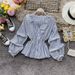Women's Long Sleeve Fashion Shirt Hong Kong Style Puff Sleeves Slim Waist Ruffled Hem Short Striped Blouse Casual Elegant England Style_ecoleips.com