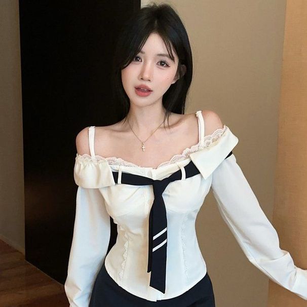 College-style New JK Uniform Set, Pure And Sexy, Off-shoulder Long-sleeve Tie Shirt, Hot Girl Bodycon Short Skirt For_ecoleips.com