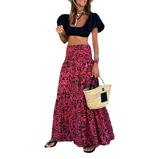 Aria Basics Aria Basics Cross-border European American 2024 Summer Casual Women's Printed Long Skirt With Elastic Waist And Hem For Vacation,_ecoleips.com