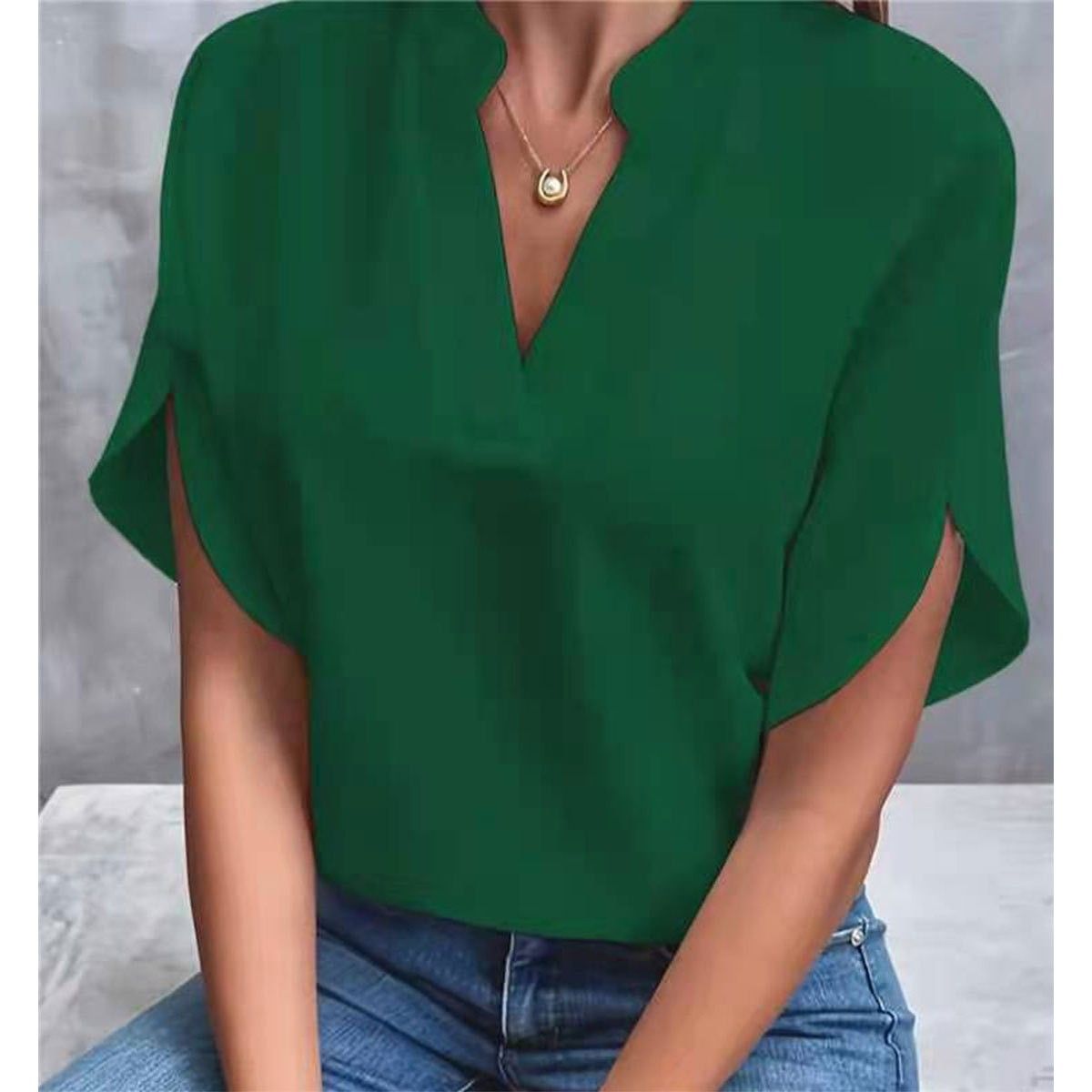 Summer V-Neck Shirt For Women In Solid Color, Casual And Versatile Short-Sleeved Cardigan_ecoleips.com