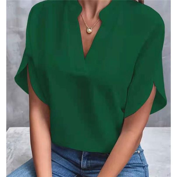 Summer V-Neck Shirt For Women In Solid Color, Casual And Versatile Short-Sleeved Cardigan_ecoleips.com