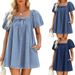 Women's Square Neck Puff Sleeve Tie Waist Flowy Mini Dress Denim_ecoleips.com