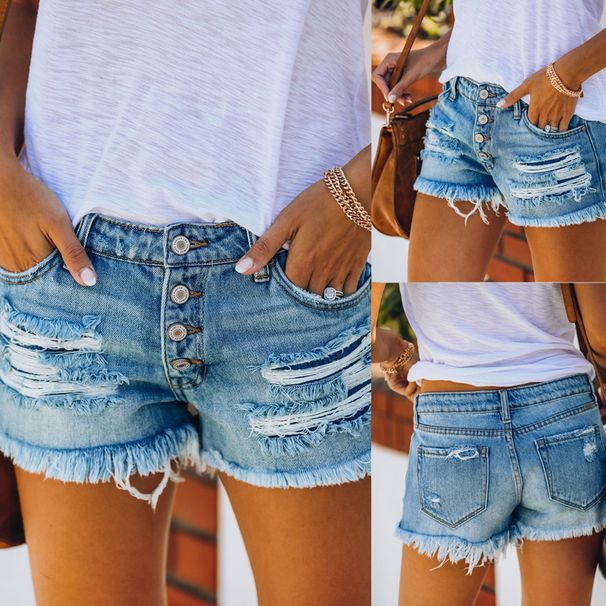 Women's Clothing Trendy Ripped Tassel Denim Shorts Straight Breasted Women's Hot Pants_ecoleips.com