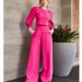 Women's clothing new fashion short long-sleeved tops high-waisted wide-leg pants two-piece set_ecoleips.com