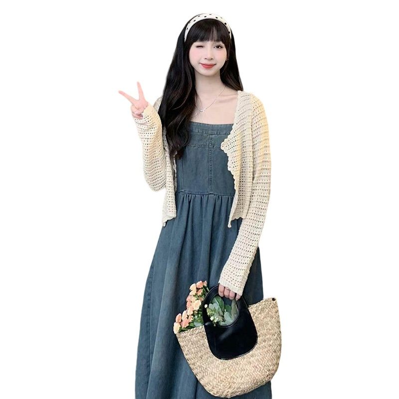 Summer New Thin Denim Strap For + Sunscreen Cardigan 2-Piece Set Pregnant Women Dress_ecoleips.com