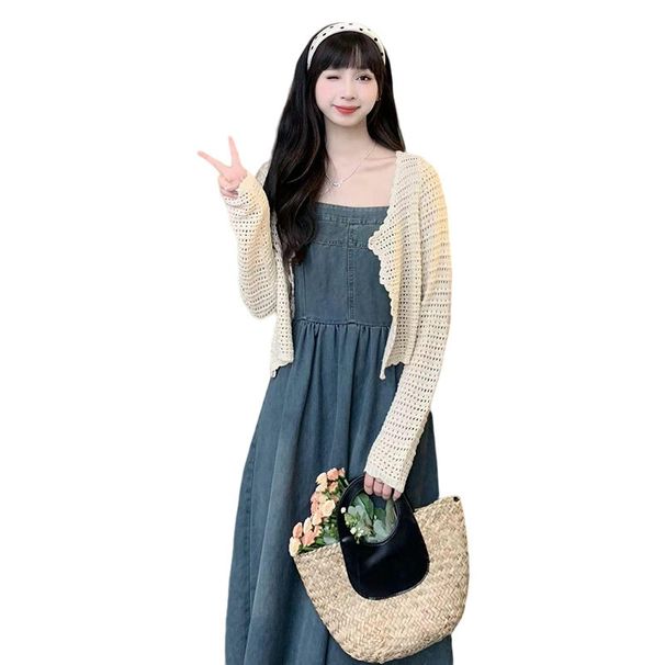Summer New Thin Denim Strap For + Sunscreen Cardigan 2-Piece Set Pregnant Women Dress_ecoleips.com