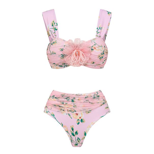 Women's Sweet Pink Floral Ruffled Bikini Set - Mini Two-Piece Swimwear For Beach Vacation_ecoleips.com
