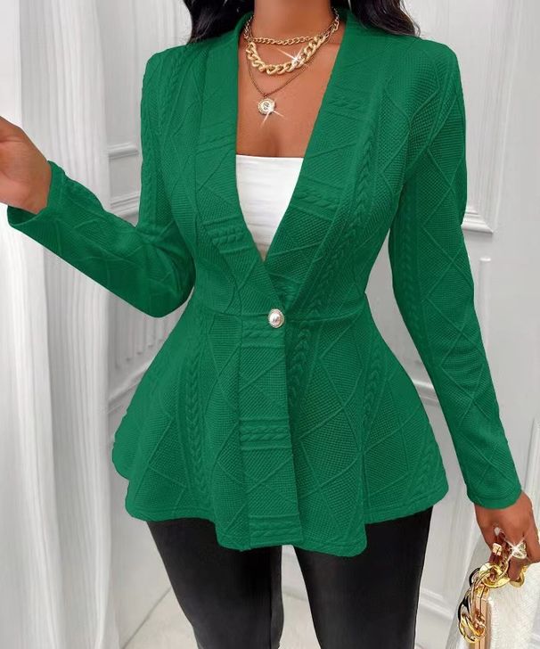 Women's Slim Long Sleeve Jacket Thickened Jacquard Texture Single Button Coat Style Autumn Winter Outerwear_ecoleips.com