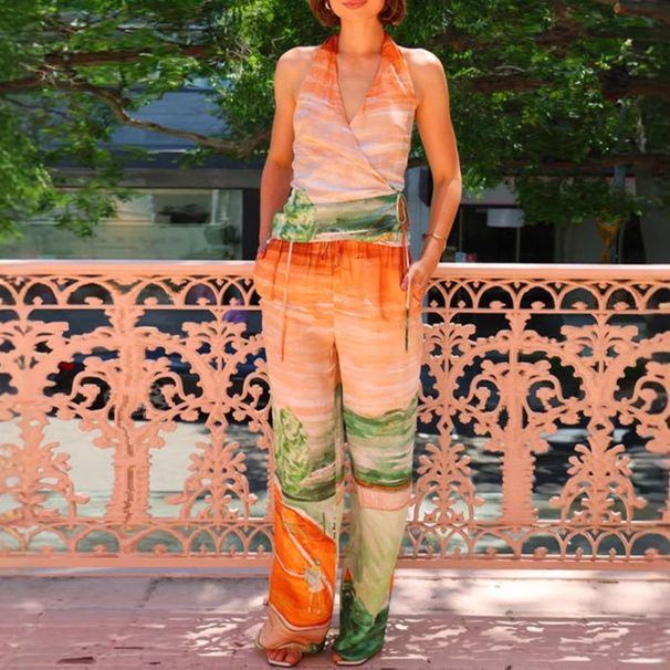 Foreign Trade European And American Women's Clothing 2025 New Casual V-neck Tie-Back Tank Top High-Waisted Printed_ecoleips.com