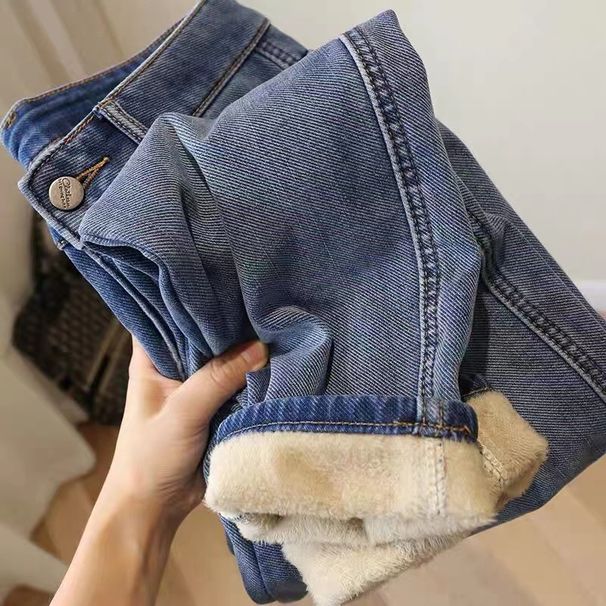 Women's Clothing Elastic Large Size Jeans Women Autumn And Winter Plus Velvet Style Loose Slimming High Waist Straight Nine Points Carrot Pants_ecoleips.com