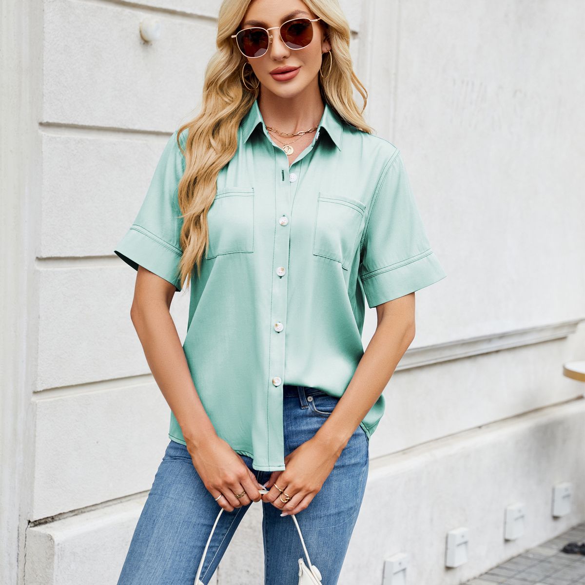 Women's Clothing Spring/Summer 2025 New Style One-Button Denim Short Sleeve Loose Shirt_ecoleips.com