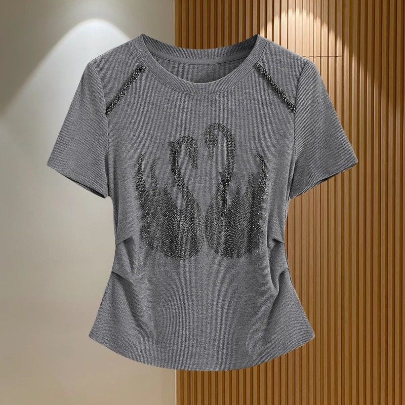 2025s Highly Praised 100% Pure Cotton Short Sleeved T-shirt For Women, Fashionable And Slimming, Pinching Pleats, Heavy-duty_ecoleips.com