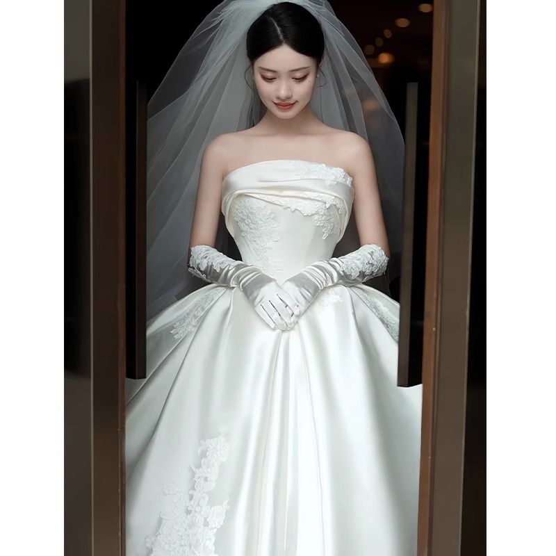 Elegant Satin Bridal Gown – Vintage Strapless A-Line Wedding Dress With Princess Sleeves & Lace Detailing – High Waist Formal Gown For Bride_ecoleips.com