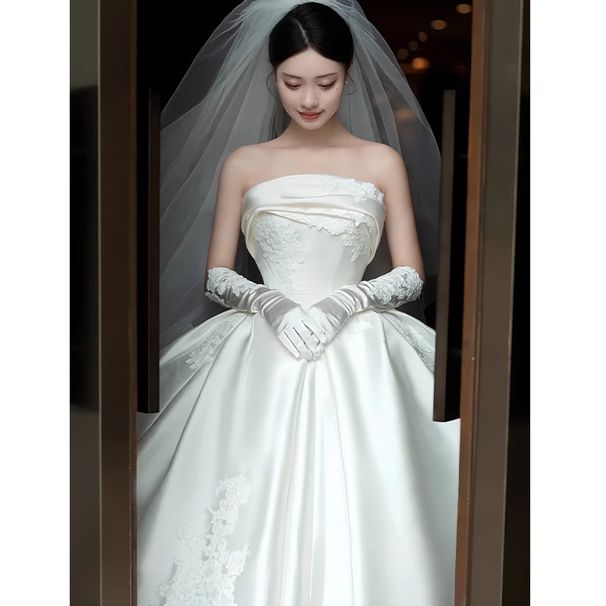 Elegant Satin Bridal Gown – Vintage Strapless A-Line Wedding Dress With Princess Sleeves & Lace Detailing – High Waist Formal Gown For Bride_ecoleips.com