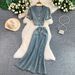 Fashionable V-Neck Bubble Sleeve Blouse With High-Waisted Denim Mermaid Skirt Set - Elegant Two-Piece Outfit For Women_ecoleips.com