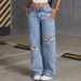 European And American Cross-border 2025 New Style Loose Light Blue Washed Wide-leg Jeans With Bow Embroidery_ecoleips.com