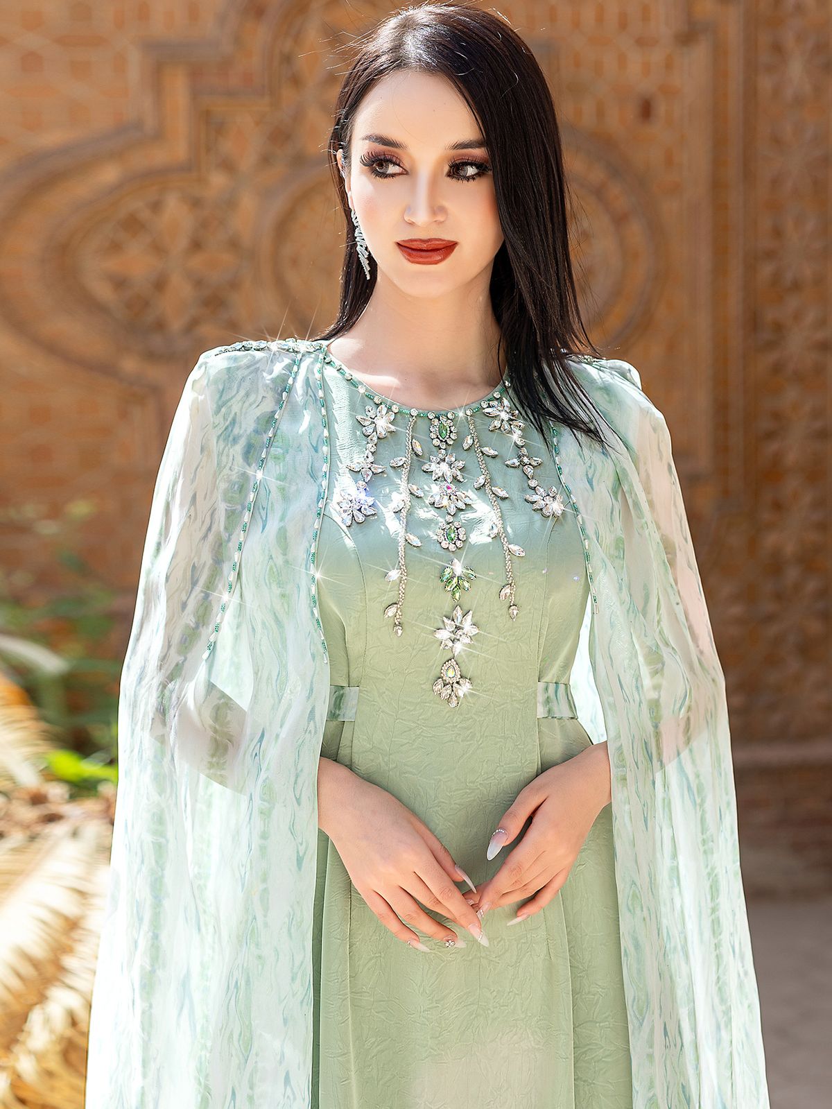 Women's Clothing Middle Eastern Mint Green Long Dress Handmade Diamond Embellished Flowing Cape Arabian Elegant Dress_ecoleips.com