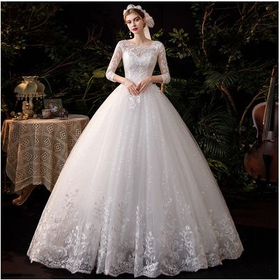 French Retro Wedding Dresses Off-Shoulder Long Sleeved Tulle Gowns Floor Length Simple Style New_ecoleips.com