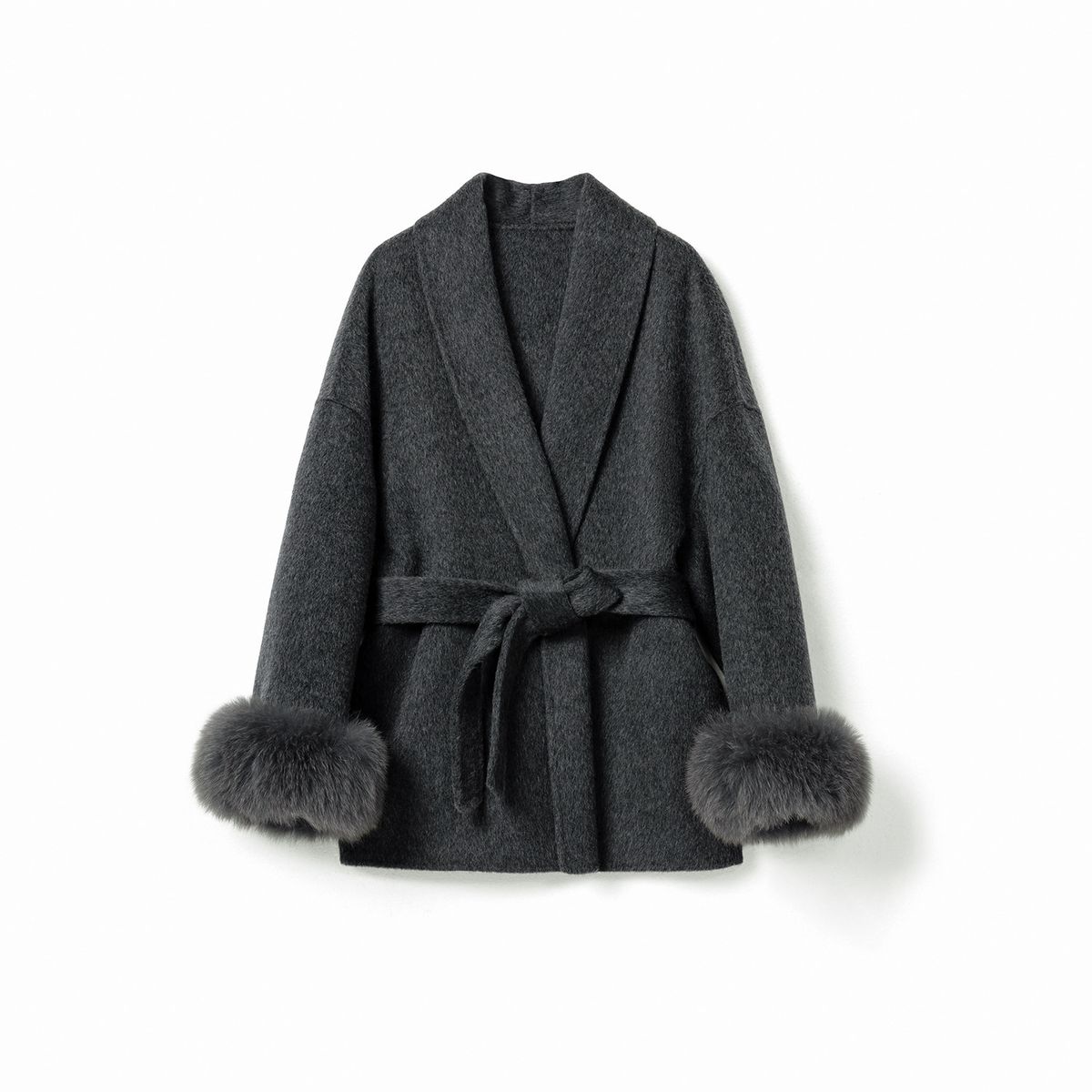 Women's Wool-Blend Double-Faced Coat - Short Length Scarf Collar Jacket With Belt, Alpaca Wool & Cashmere Touch, Elegant Office Wear_ecoleips.com