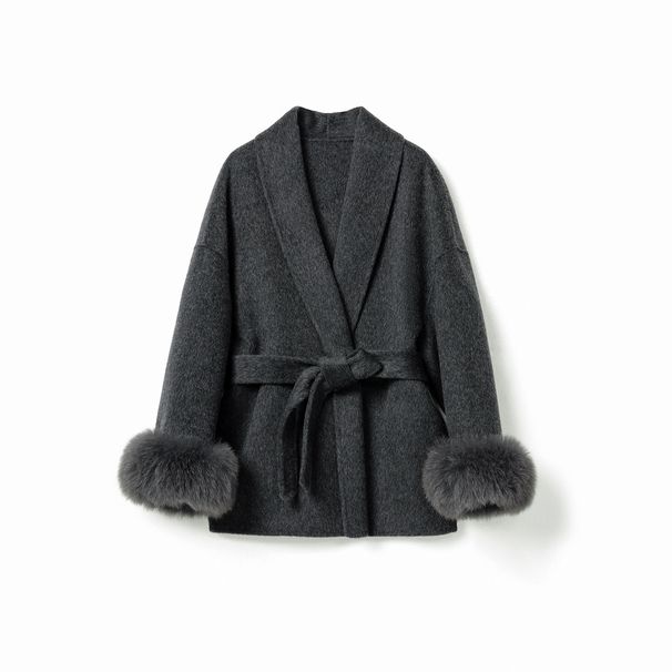Women's Wool-Blend Double-Faced Coat - Short Length Scarf Collar Jacket With Belt, Alpaca Wool & Cashmere Touch, Elegant Office Wear_ecoleips.com