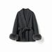 Women's Wool-Blend Double-Faced Coat - Short Length Scarf Collar Jacket With Belt, Alpaca Wool & Cashmere Touch, Elegant Office Wear_ecoleips.com