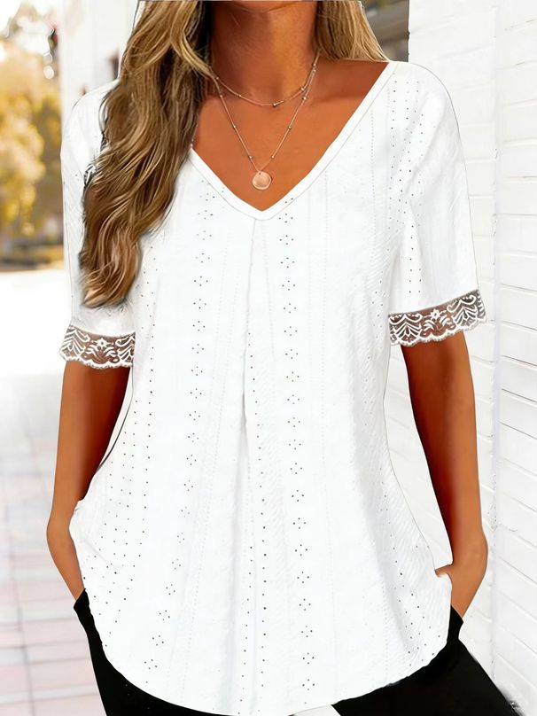 2026 European And American Cross-border Foreign Trade New Spring-summer Solid Color V-neck Loose Short-sleeve_ecoleips.com