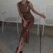 Women's Clothing Tight Pleated Sexy Fashion Unrepaired Round Neck Hip Leather Dress_ecoleips.com