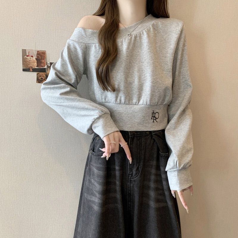 Real Shot Of Foreign Trade Women's Long-sleeve Sweatshirt With Slanted Collar Off-shoulder Design, Korean Style, Loose_ecoleips.com