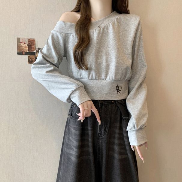 Real Shot Of Foreign Trade Women's Long-sleeve Sweatshirt With Slanted Collar Off-shoulder Design, Korean Style, Loose_ecoleips.com