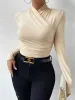 Bornladies Autumn New Women's Design Cross Collar Slim Fit Long Sleeved Office Lady Stylish Top Versatile Fashionable T-shirt_ecoleips.com